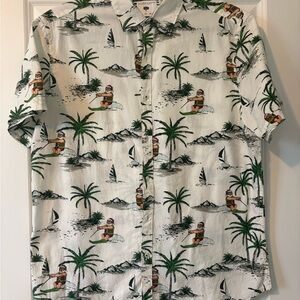 Denim & Flower White Short-Sleeve Hawaiian Shirt with Green Palm Print